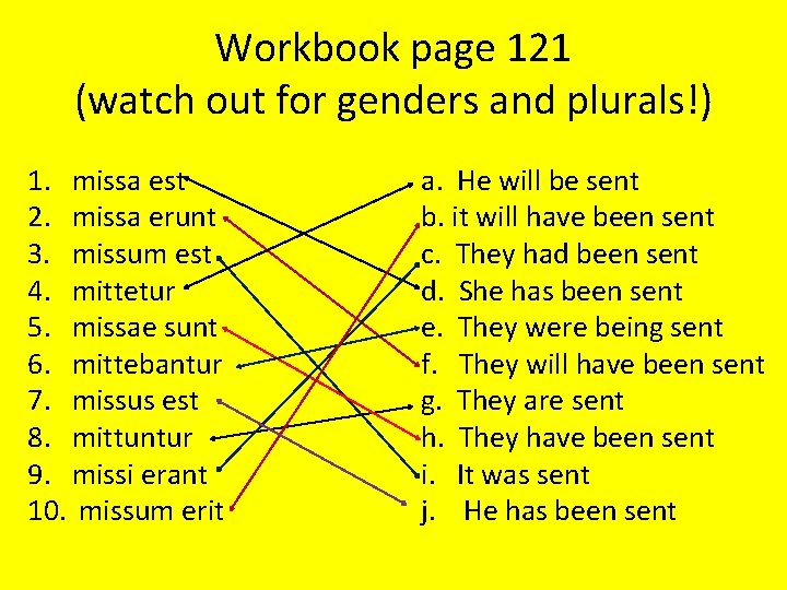 Workbook page 121 (watch out for genders and plurals!) 1. missa est 2. missa