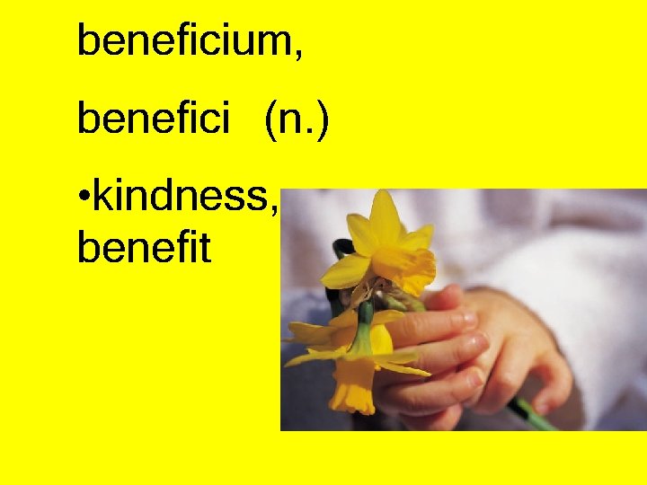 beneficium, benefici (n. ) • kindness, benefit 