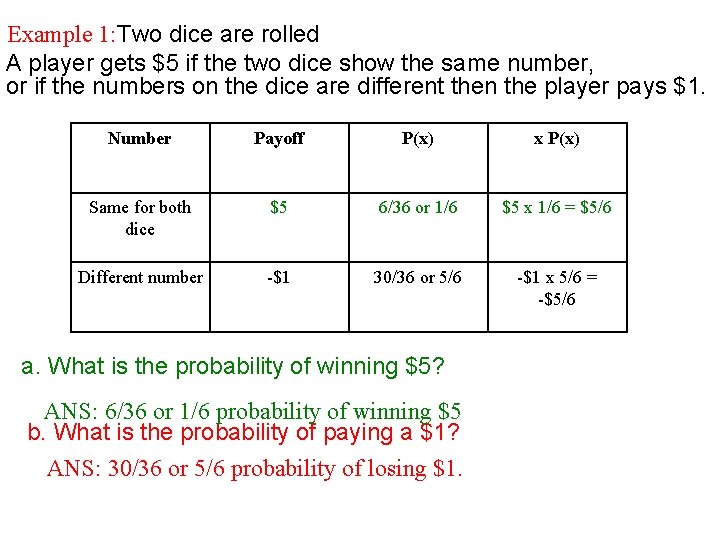 Example 1: Two dice are rolled A player gets $5 if the two dice