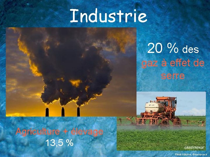 Industrie 20 % des gaz à effet de serre Agriculture + élevage 13, 5