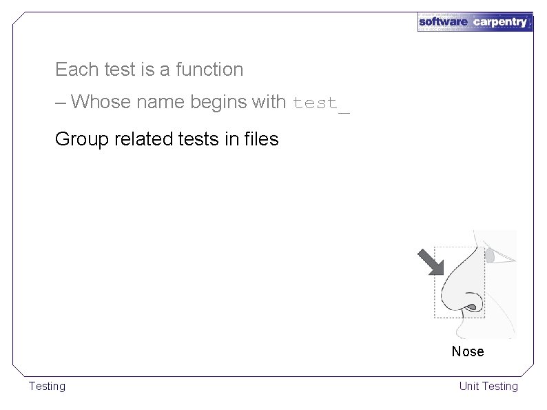 Each test is a function – Whose name begins with test_ Group related tests