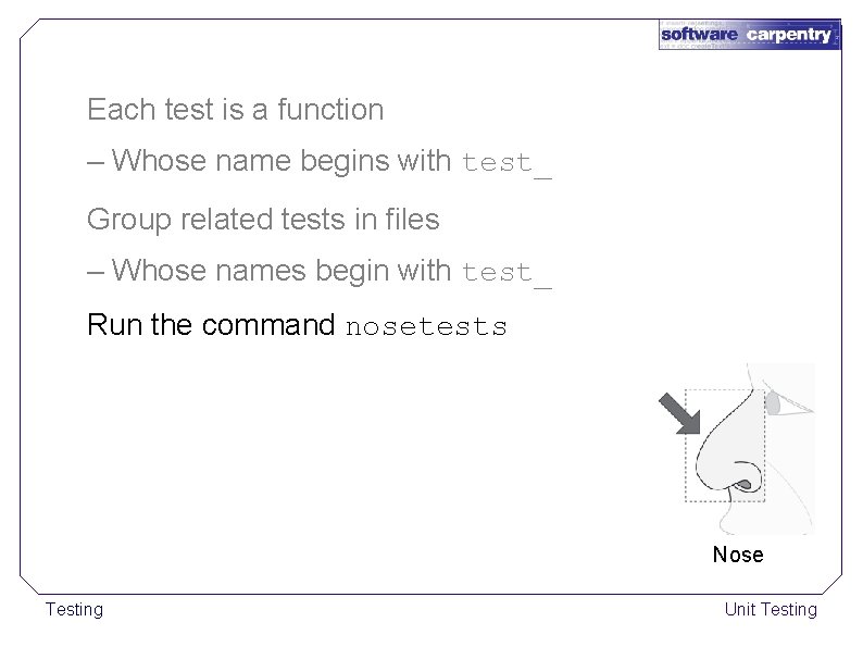 Each test is a function – Whose name begins with test_ Group related tests