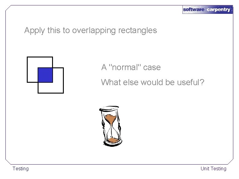 Apply this to overlapping rectangles A "normal" case What else would be useful? Testing