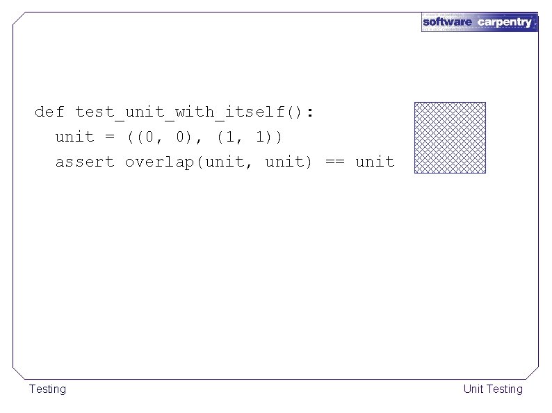 def test_unit_with_itself(): unit = ((0, 0), (1, 1)) assert overlap(unit, unit) == unit Testing