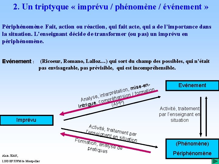 2. Un triptyque « imprévu / phénomène / événement » Périphénomène. Fait, action ou