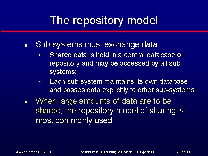 The repository model l Sub-systems must exchange data. • • l Shared data is