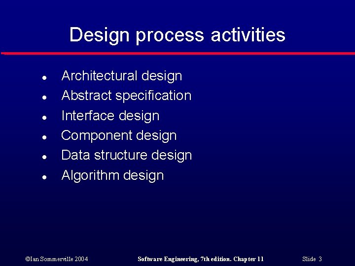 Design process activities l l l Architectural design Abstract specification Interface design Component design