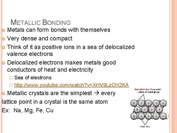 METALLIC BONDING Metals can form bonds with themselves Very dense and compact Think of