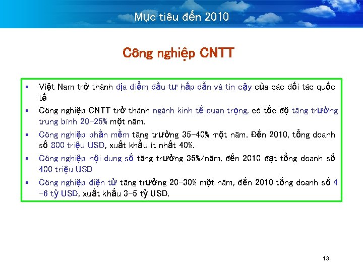 Mục tiêu đến 2010 Công nghiệp CNTT § § § Việt Nam trở thành