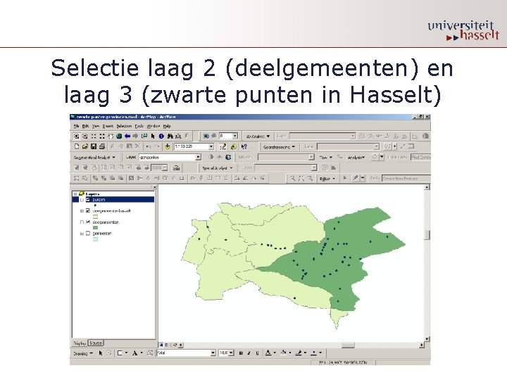 Selectie laag 2 (deelgemeenten) en laag 3 (zwarte punten in Hasselt) 