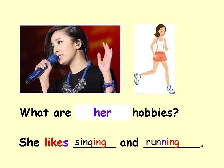 What are Yang her. Mi’s hobbies? running singing and ____. She likes ______ 