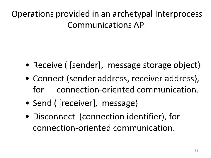 Operations provided in an archetypal Interprocess Communications API • Receive ( [sender], message storage