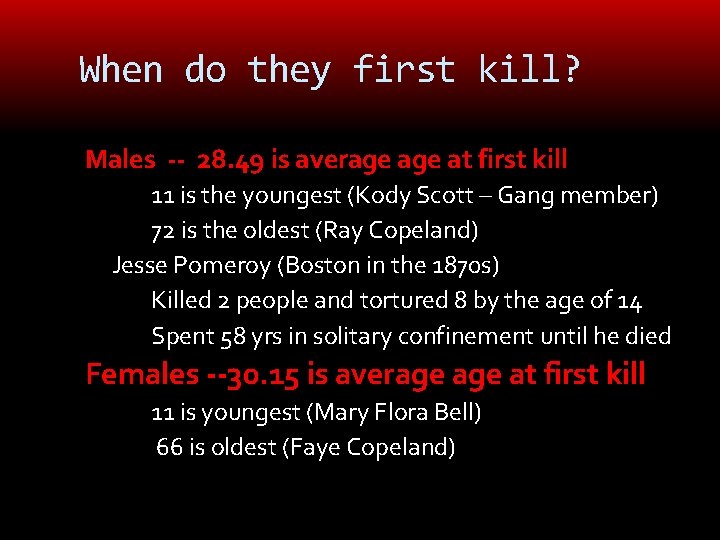 When do they first kill? Males -- 28. 49 is average at first kill