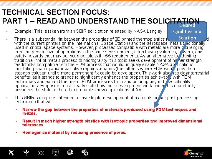 TECHNICAL SECTION FOCUS: PART 1 – READ AND UNDERSTAND THE SOLICITATION Desired • • TECHNICAL SECTION FOCUS: PART 1 – READ AND UNDERSTAND THE SOLICITATION Desired • •