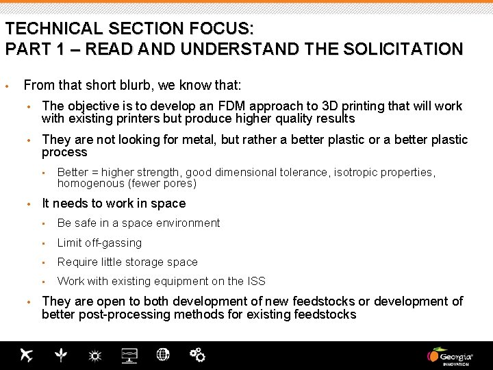 TECHNICAL SECTION FOCUS: PART 1 – READ AND UNDERSTAND THE SOLICITATION • From that TECHNICAL SECTION FOCUS: PART 1 – READ AND UNDERSTAND THE SOLICITATION • From that
