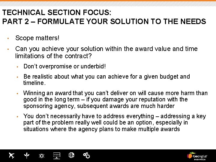 TECHNICAL SECTION FOCUS: PART 2 – FORMULATE YOUR SOLUTION TO THE NEEDS • Scope TECHNICAL SECTION FOCUS: PART 2 – FORMULATE YOUR SOLUTION TO THE NEEDS • Scope