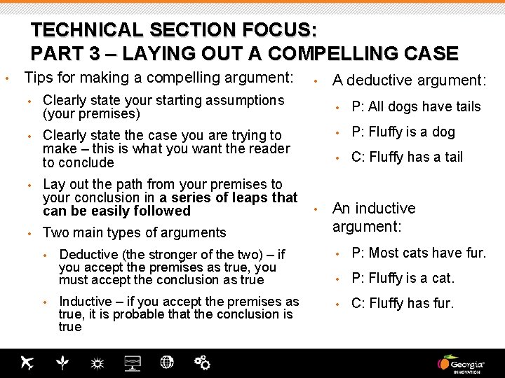 TECHNICAL SECTION FOCUS: PART 3 – LAYING OUT A COMPELLING CASE • Tips for TECHNICAL SECTION FOCUS: PART 3 – LAYING OUT A COMPELLING CASE • Tips for