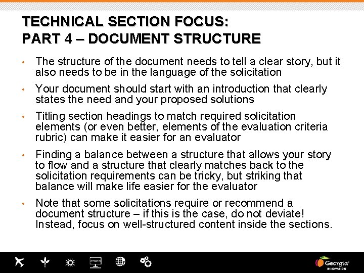 TECHNICAL SECTION FOCUS: PART 4 – DOCUMENT STRUCTURE • The structure of the document TECHNICAL SECTION FOCUS: PART 4 – DOCUMENT STRUCTURE • The structure of the document