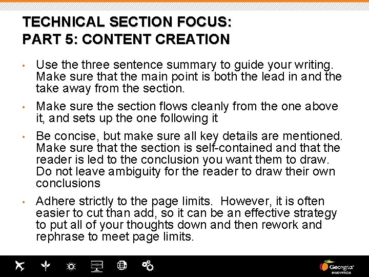 TECHNICAL SECTION FOCUS: PART 5: CONTENT CREATION • • Use three sentence summary to TECHNICAL SECTION FOCUS: PART 5: CONTENT CREATION • • Use three sentence summary to