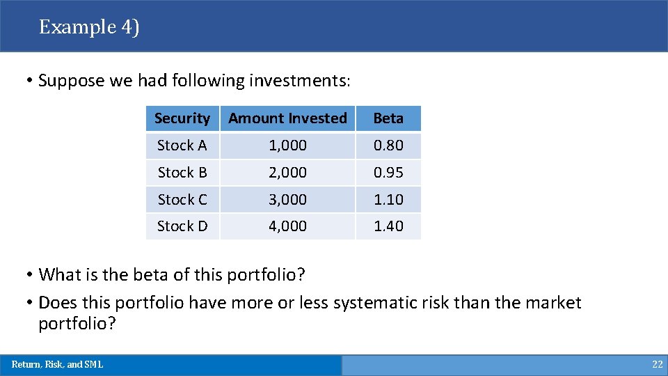 Example 4) • Suppose we had following investments: Security Amount Invested Beta Stock A