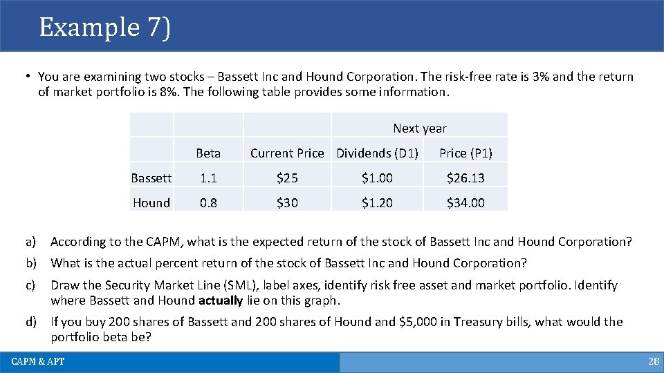 Example 7) • You are examining two stocks – Bassett Inc and Hound Corporation. Example 7) • You are examining two stocks – Bassett Inc and Hound Corporation.