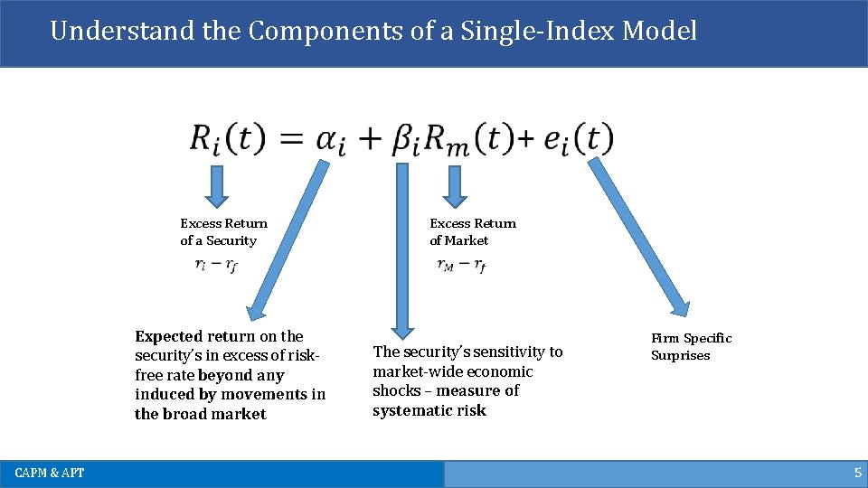 Understand the Components of a Single-Index Model Excess Return of a Security Expected return Understand the Components of a Single-Index Model Excess Return of a Security Expected return