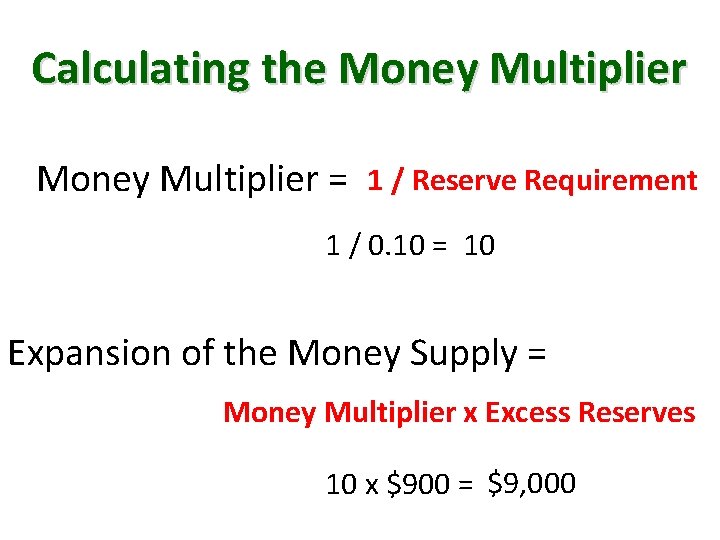 Calculating the Money Multiplier = 1 / Reserve Requirement 1 / 0. 10 =