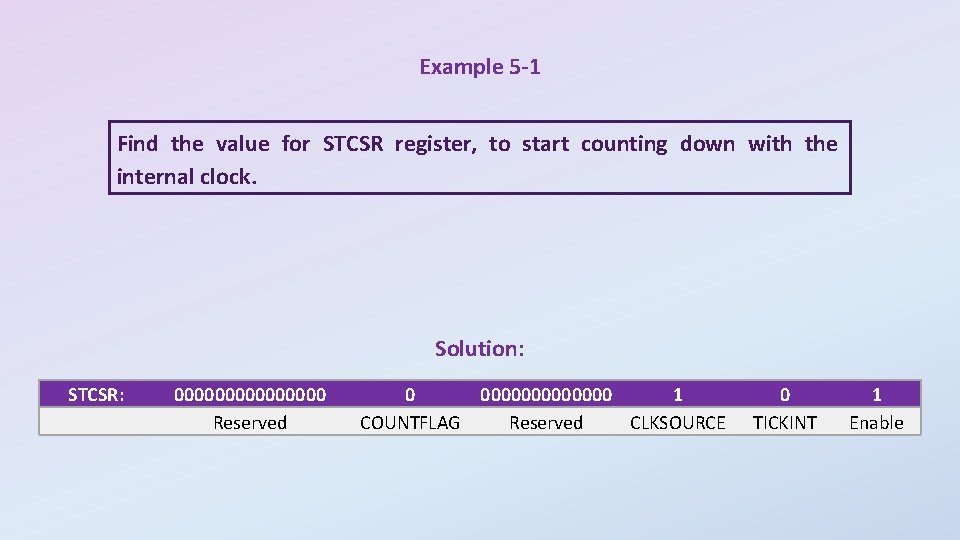 Example 5 -1 Find the value for STCSR register, to start counting down with