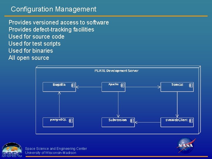 Configuration Management Provides versioned access to software Provides defect-tracking facilities Used for source code