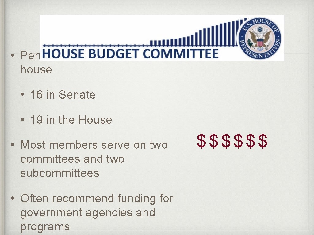 Standing Committees • Permanent committees in each house • 16 in Senate • 19