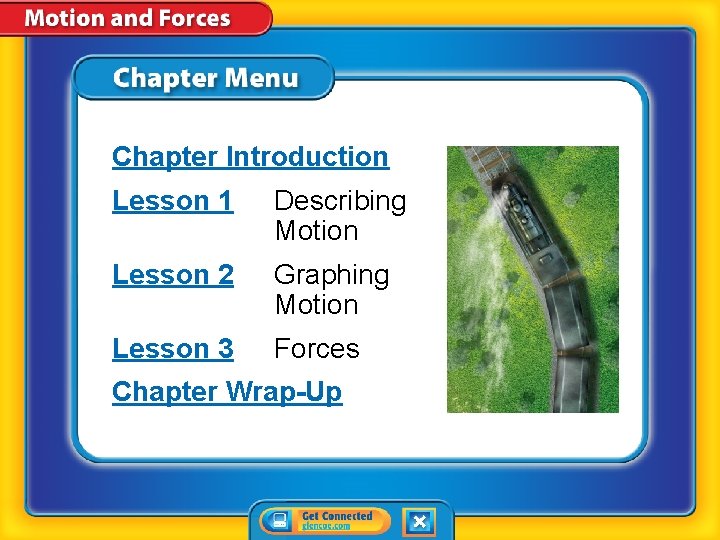 Chapter Introduction Lesson 1 Describing Motion Lesson 2 Graphing Motion Lesson 3 Forces Chapter