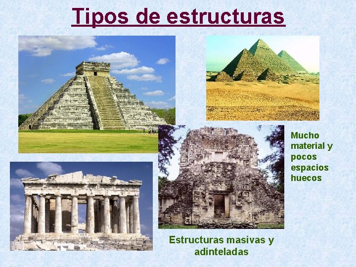 Tipos de estructuras Mucho material y pocos espacios huecos Estructuras masivas y adinteladas 