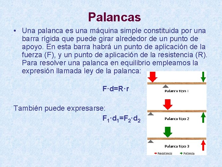 Palancas • Una palanca es una máquina simple constituida por una barra rígida que