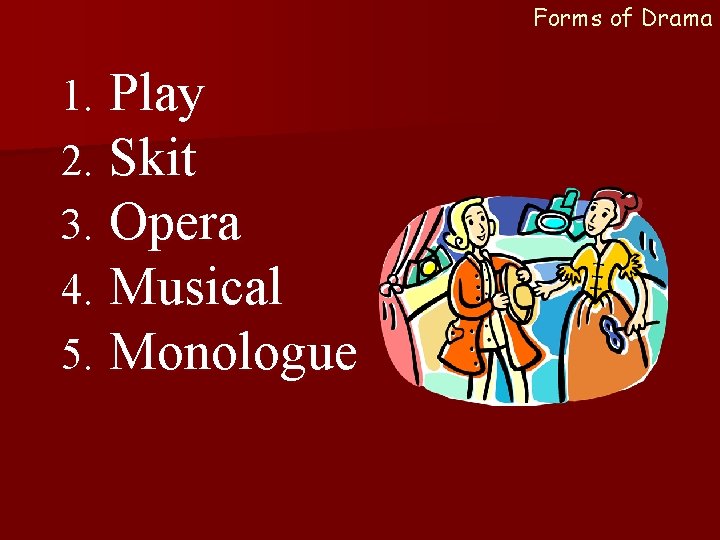 Forms of Drama 1. 2. 3. 4. 5. Play Skit Opera Musical Monologue 