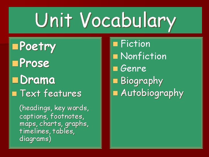 Unit Vocabulary n Poetry n Prose n Drama n Text features (headings, key words,