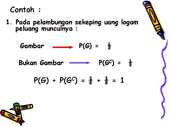Contoh : 1. Pada pelambungan sekeping uang logam peluang munculnya : Gambar Bukan Gambar Contoh : 1. Pada pelambungan sekeping uang logam peluang munculnya : Gambar Bukan Gambar