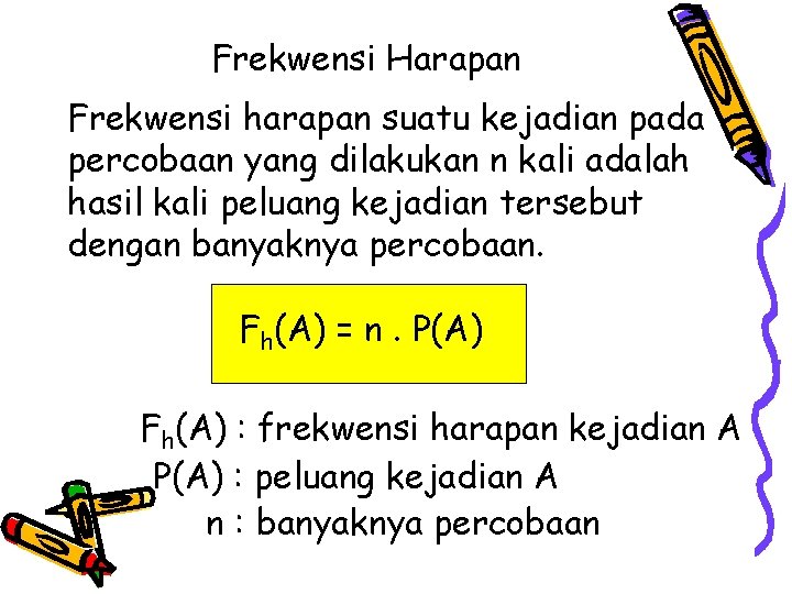 Frekwensi Harapan Frekwensi harapan suatu kejadian pada percobaan yang dilakukan n kali adalah hasil Frekwensi Harapan Frekwensi harapan suatu kejadian pada percobaan yang dilakukan n kali adalah hasil