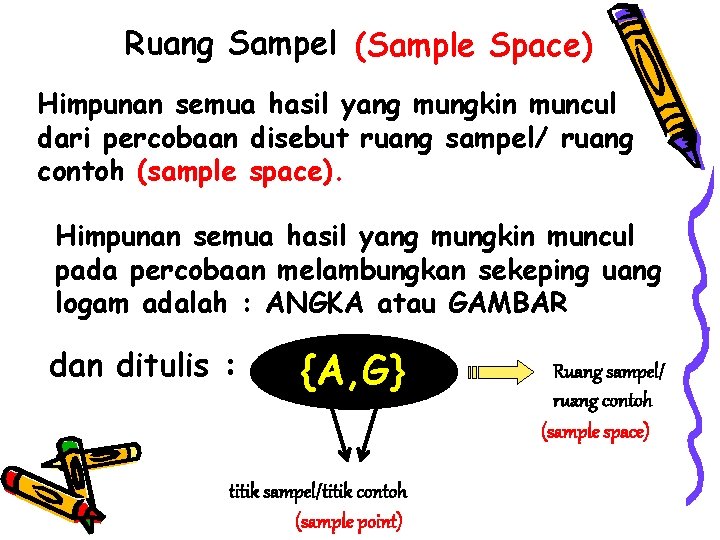 Ruang Sampel (Sample Space) Himpunan semua hasil yang mungkin muncul dari percobaan disebut ruang Ruang Sampel (Sample Space) Himpunan semua hasil yang mungkin muncul dari percobaan disebut ruang