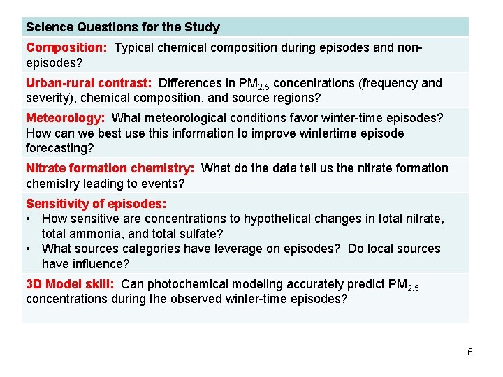 Science Questions for the Study Composition: Typical chemical composition during episodes and nonepisodes? Urban-rural