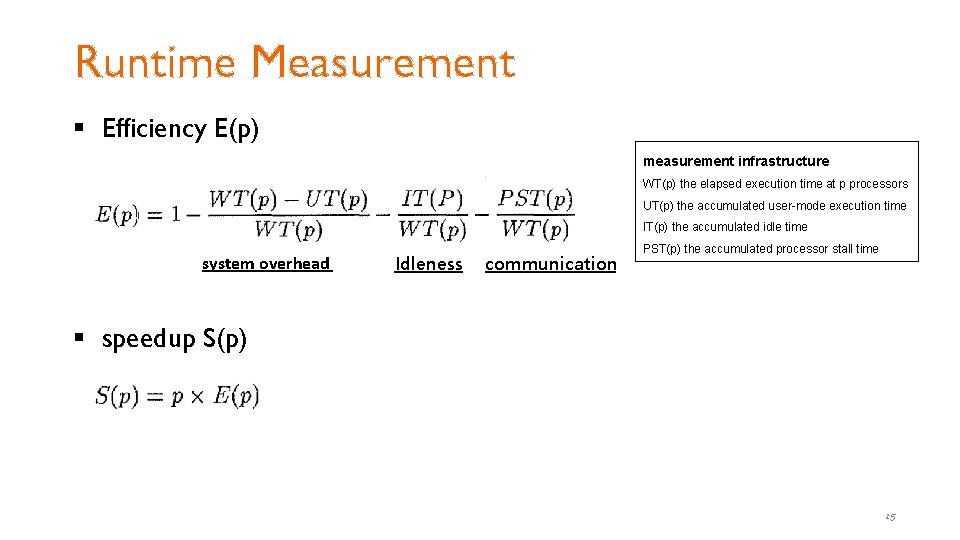 Runtime Measurement § Efficiency E(p) measurement infrastructure WT(p) the elapsed execution time at p Runtime Measurement § Efficiency E(p) measurement infrastructure WT(p) the elapsed execution time at p