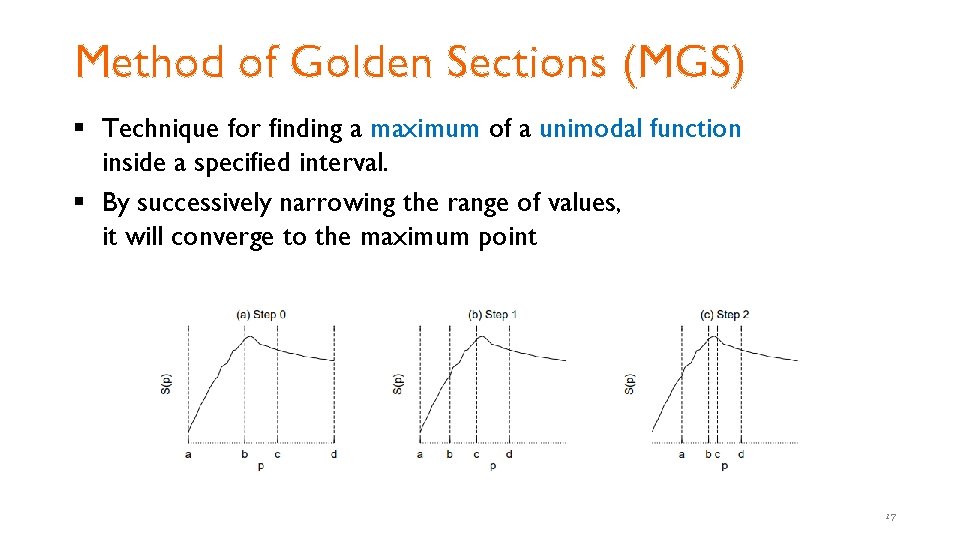 Method of Golden Sections (MGS) § Technique for finding a maximum of a unimodal Method of Golden Sections (MGS) § Technique for finding a maximum of a unimodal