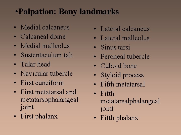  • Palpation: Bony landmarks • • Medial calcaneus Calcaneal dome Medial malleolus Sustentaculum