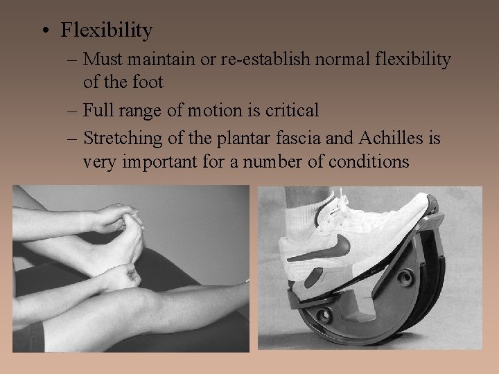  • Flexibility – Must maintain or re-establish normal flexibility of the foot –