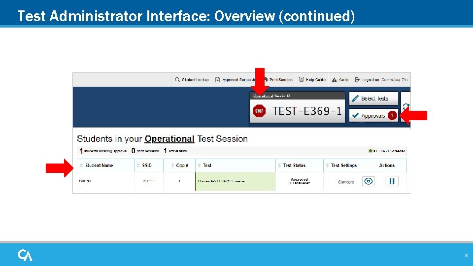 Test Administrator Interface: Overview (continued) 8 