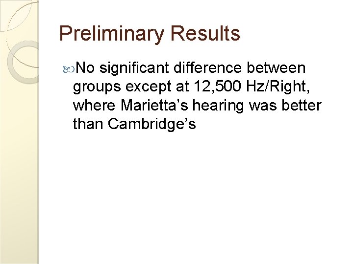 Preliminary Results No significant difference between groups except at 12, 500 Hz/Right, where Marietta’s