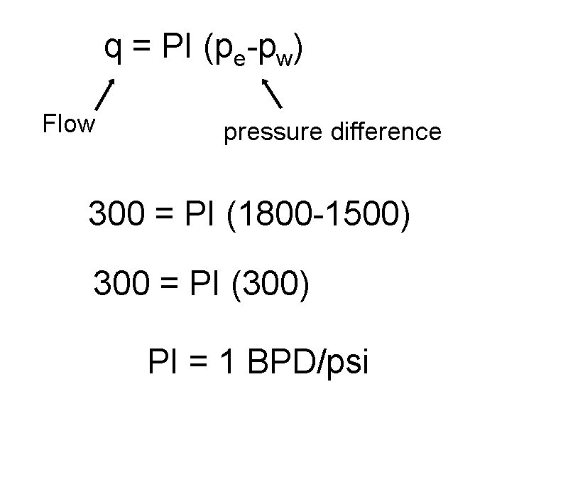 q = PI (pe-pw) Flow pressure difference 300 = PI (1800 -1500) 300 =