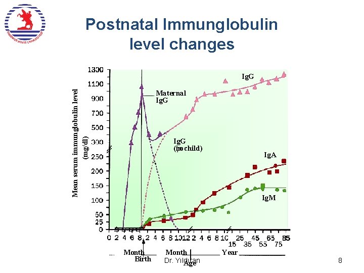 Postnatal Immunglobulin level changes Ig. G Mean serum immunglobulin level (mg/dl) Maternal Ig. G