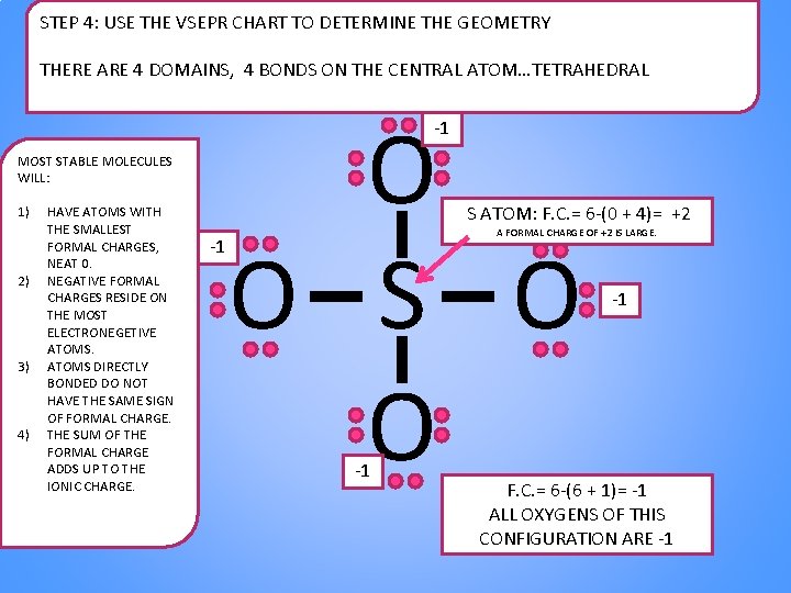 STEP 4: USE THE VSEPR CHART TO DETERMINE THE GEOMETRY THERE ARE 4 DOMAINS, STEP 4: USE THE VSEPR CHART TO DETERMINE THE GEOMETRY THERE ARE 4 DOMAINS,