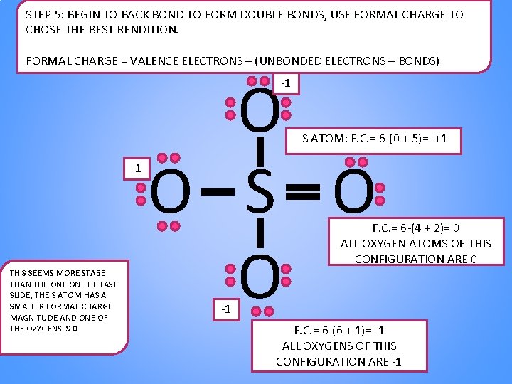 STEP 5: BEGIN TO BACK BOND TO FORM DOUBLE BONDS, USE FORMAL CHARGE TO STEP 5: BEGIN TO BACK BOND TO FORM DOUBLE BONDS, USE FORMAL CHARGE TO