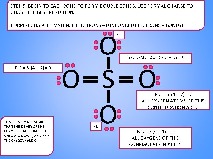 STEP 5: BEGIN TO BACK BOND TO FORM DOUBLE BONDS, USE FORMAL CHARGE TO STEP 5: BEGIN TO BACK BOND TO FORM DOUBLE BONDS, USE FORMAL CHARGE TO
